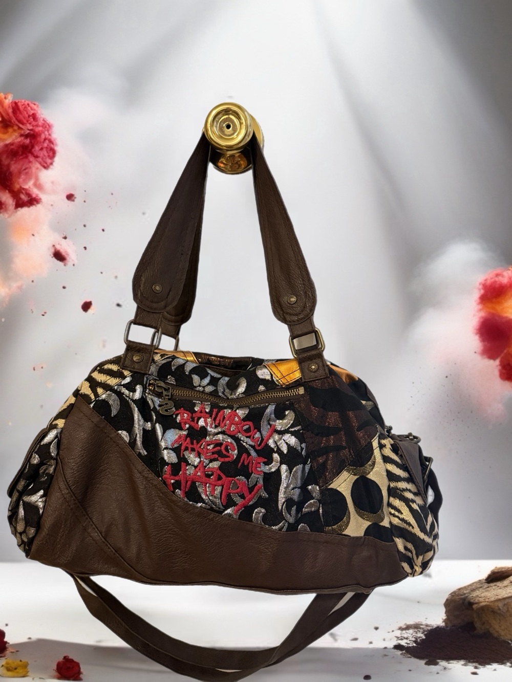 Desigual Brown Patchwork Shoulder Bag with Red Embroidery